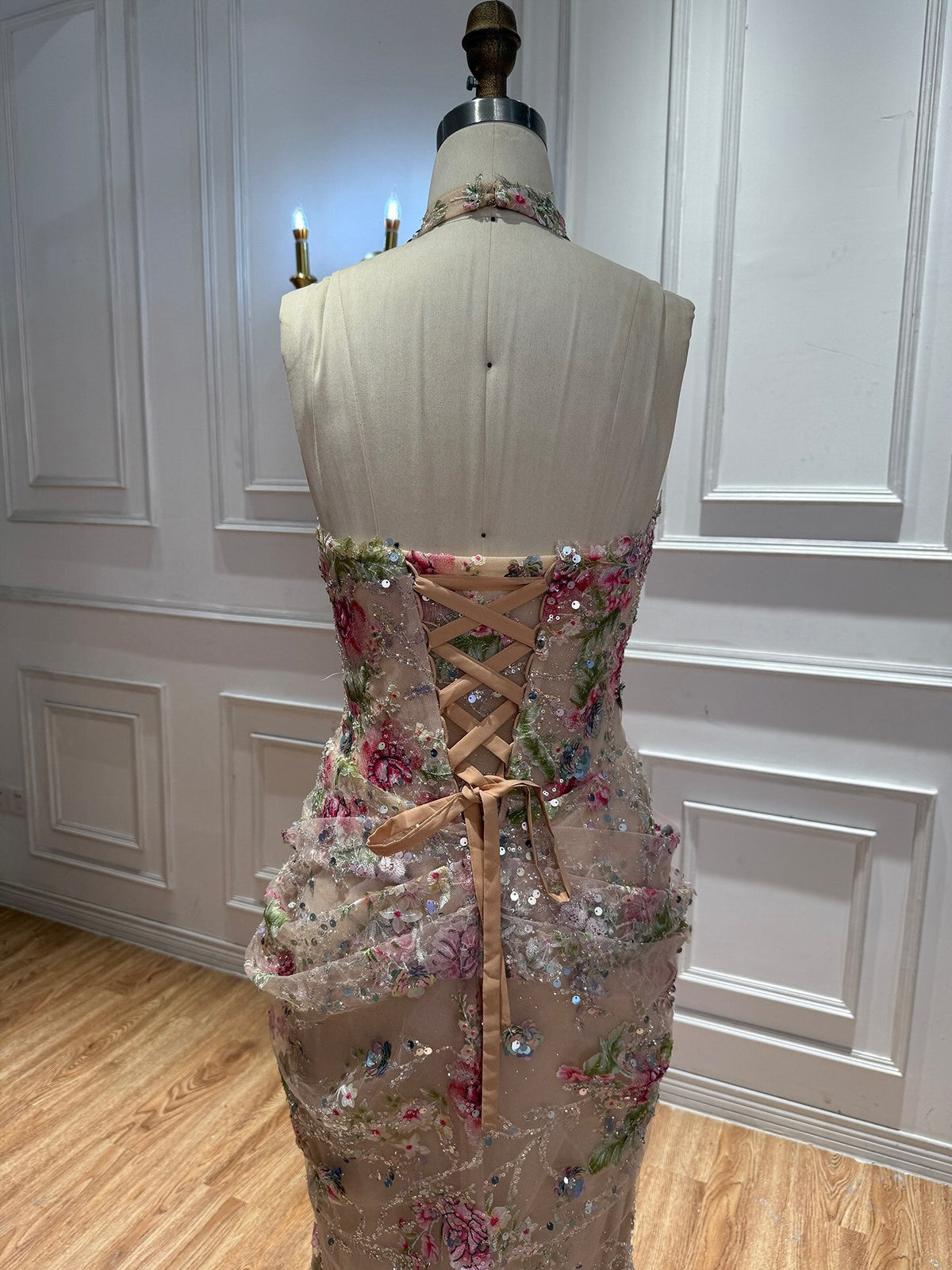 Luxury Peplum Nude Pink Halter Neck Beaded Mermaid Dress LA73802A