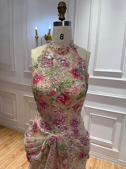 Luxury Peplum Nude Pink Halter Neck Beaded Mermaid Dress LA73802A
