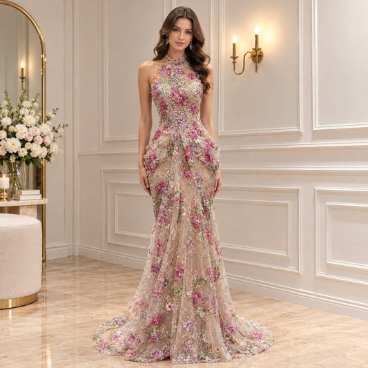 Luxury Peplum Nude Pink Halter Neck Beaded Mermaid Dress LA73802A