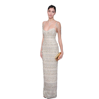 Luxury Champagne Beaded Spaghetti Straps Straight Dress LA73803