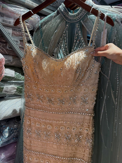 Luxury Champagne Beaded Spaghetti Straps Straight Dress LA73803