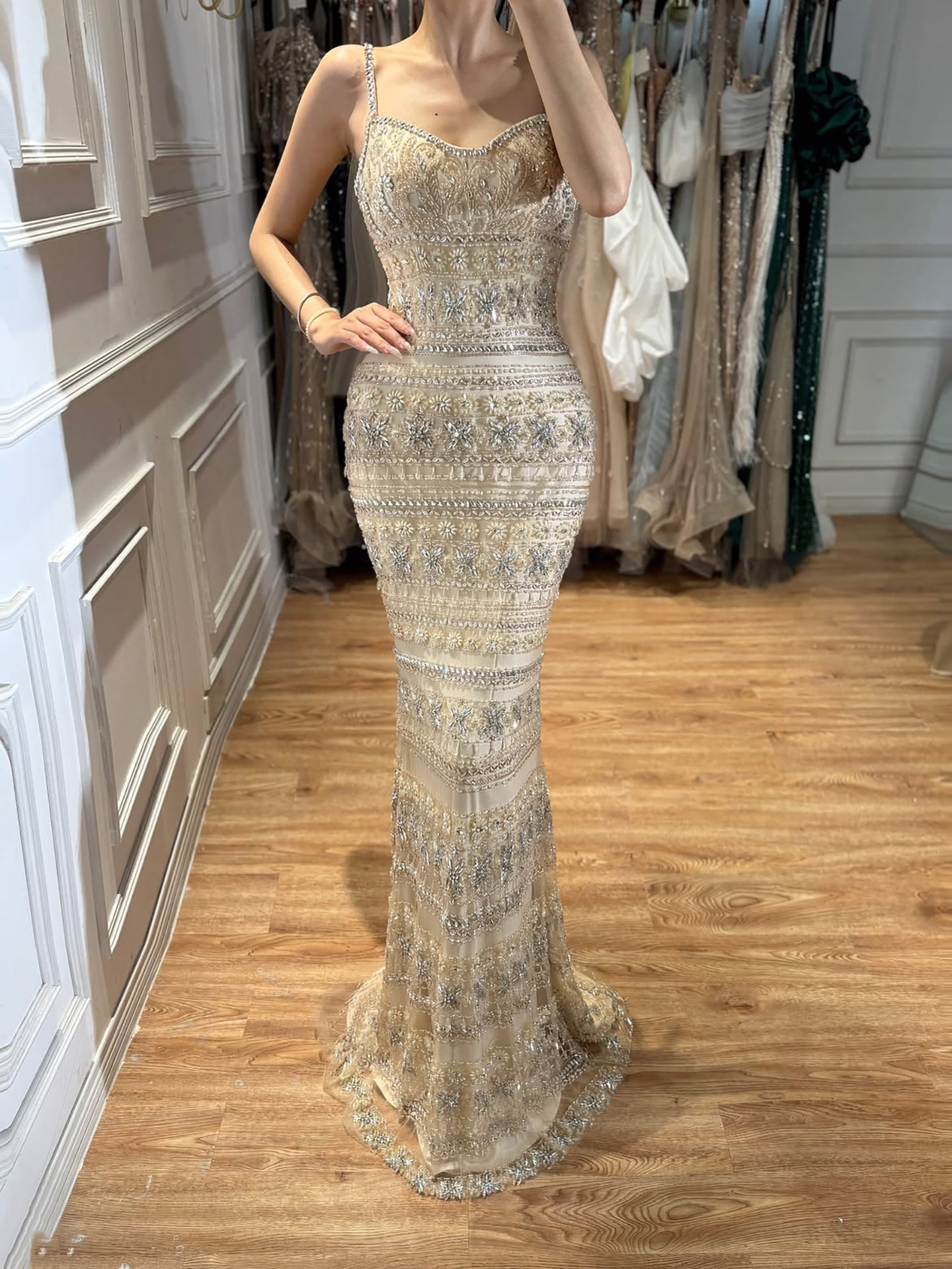 Luxury Champagne Beaded Spaghetti Straps Straight Dress LA73803