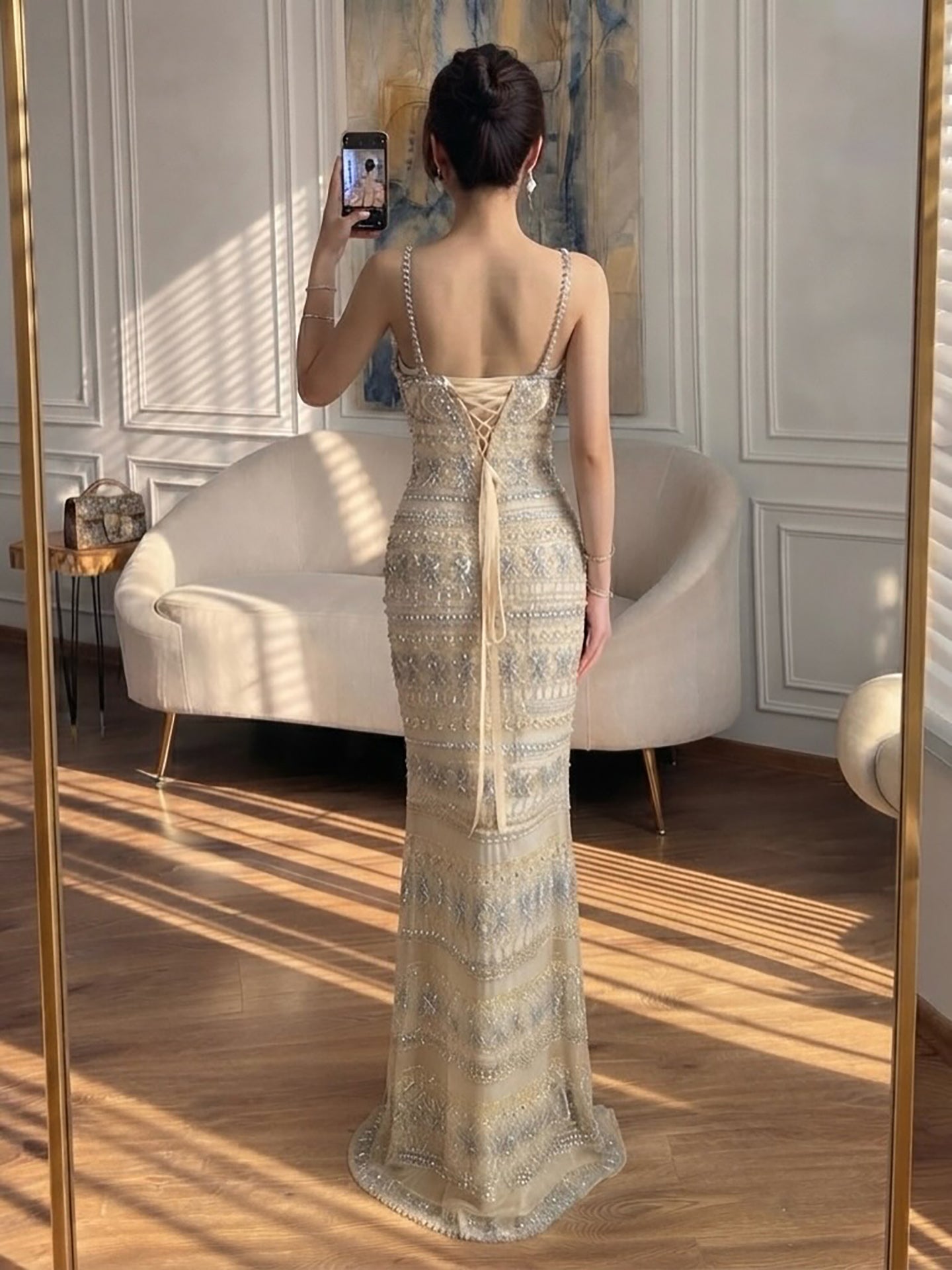 Luxury Champagne Beaded Spaghetti Straps Straight Dress LA73803