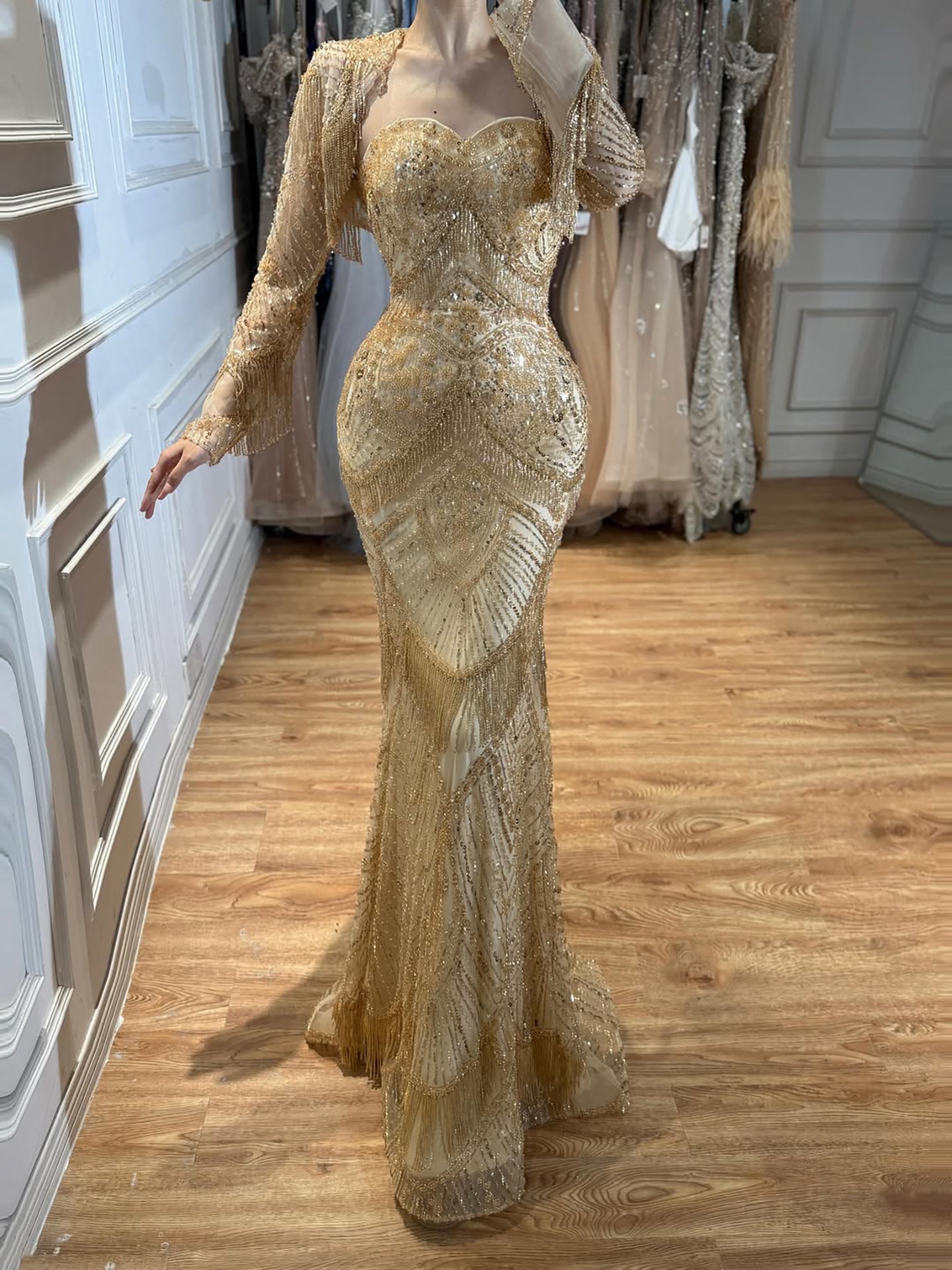Luxury Dark Green Long Sleeve Beaded Tassel Mermaid Dress LA73804