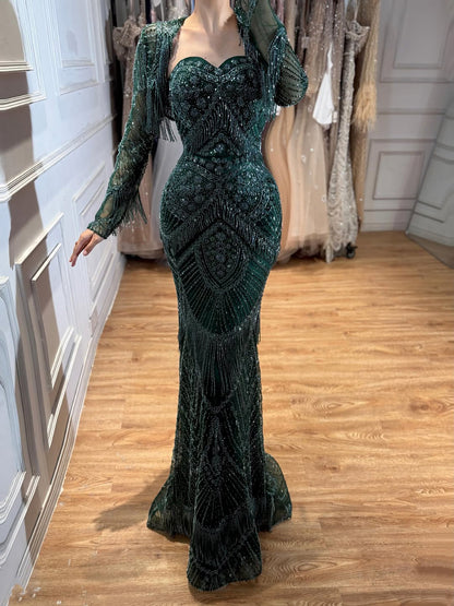 Luxury Dark Green Long Sleeve Beaded Tassel Mermaid Dress LA73804