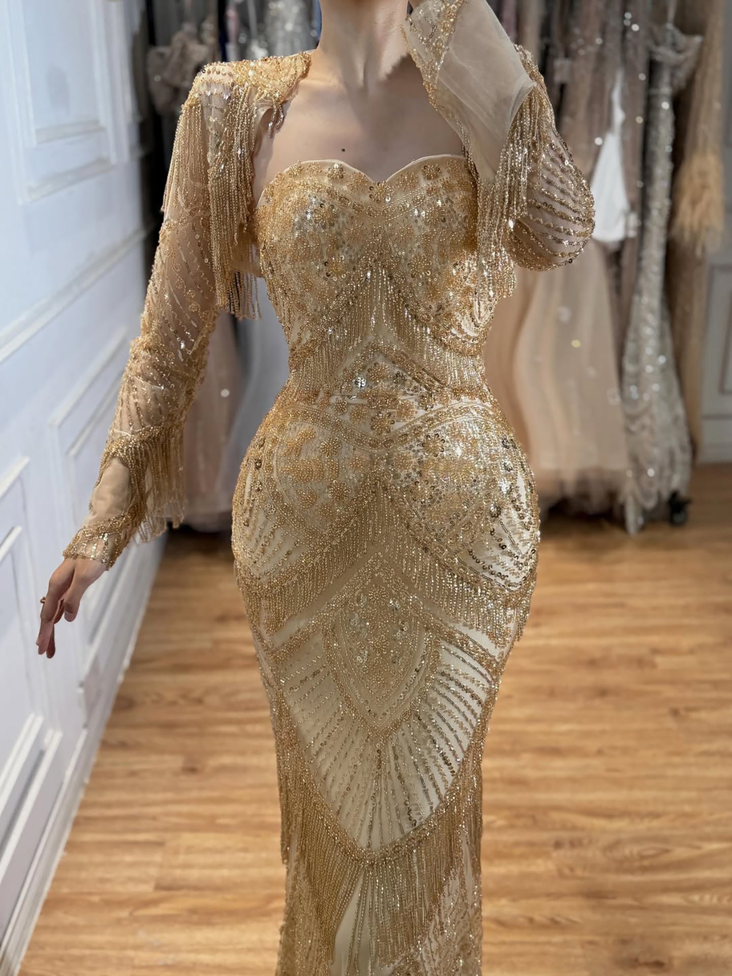Luxury Green Long Sleeve Beaded Tassel Mermaid Dress LA73804