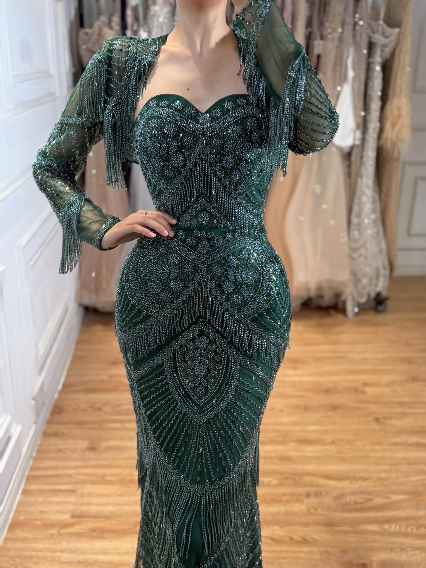 Luxury Green Long Sleeve Beaded Tassel Mermaid Dress LA73804