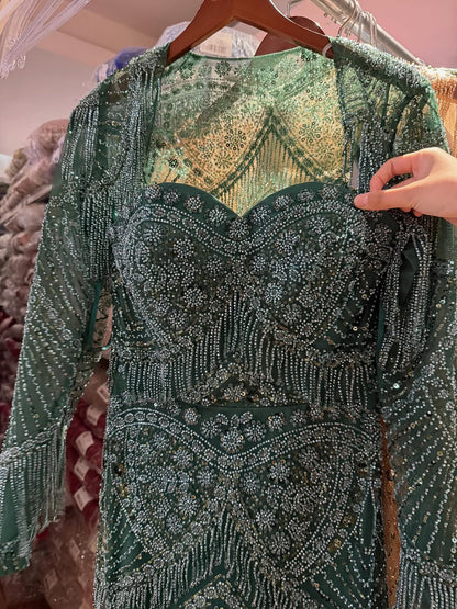 Luxury Green Long Sleeve Beaded Tassel Mermaid Dress LA73804