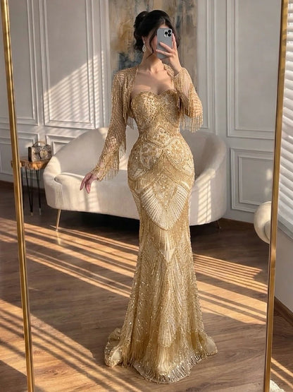 Luxury Green Long Sleeve Beaded Tassel Mermaid Dress LA73804
