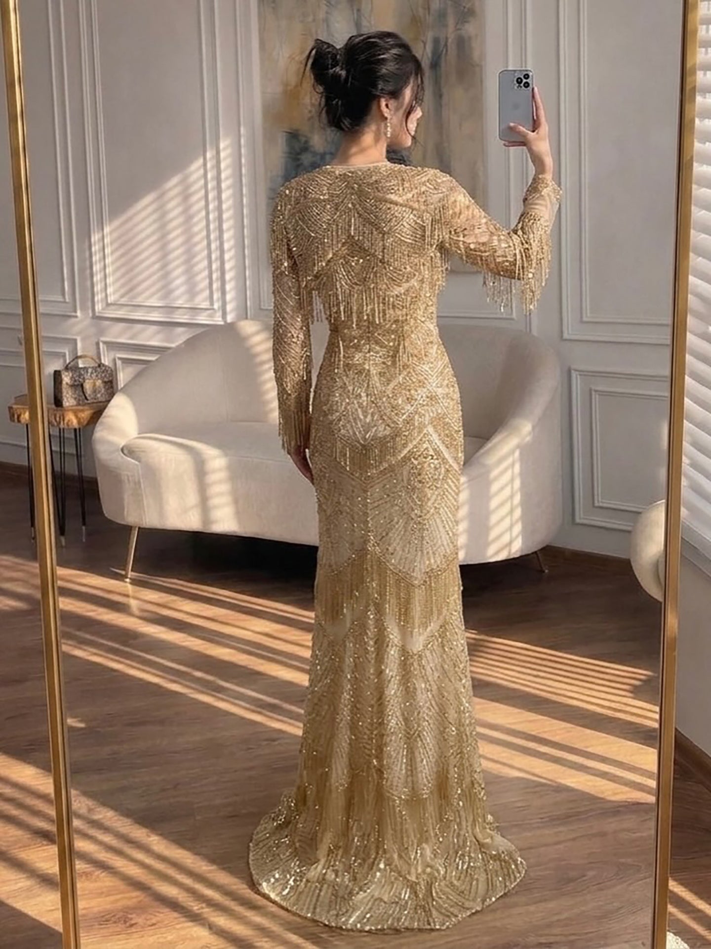 Luxury Dark Green Long Sleeve Beaded Tassel Mermaid Dress LA73804