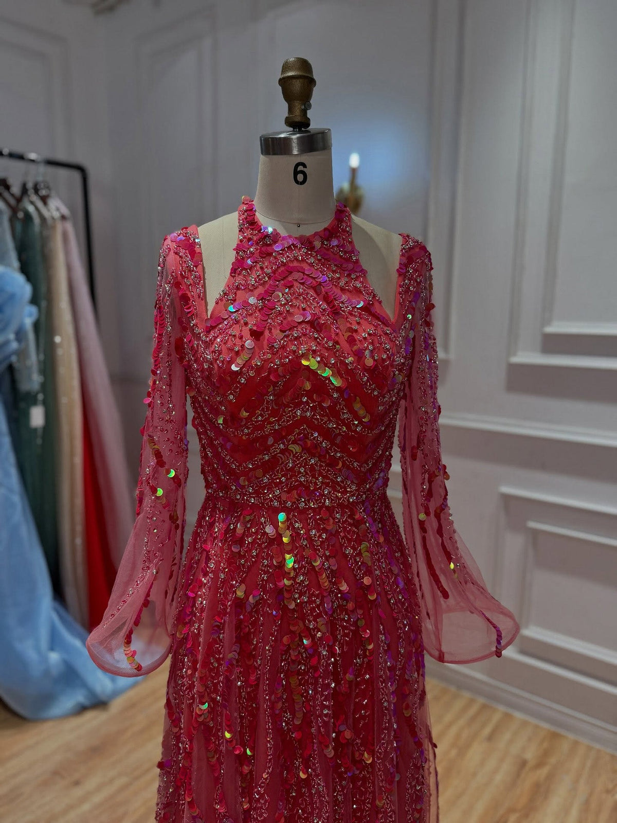 Watermelon Sequin Beaded Long Sleeve Evening Gown LA73805