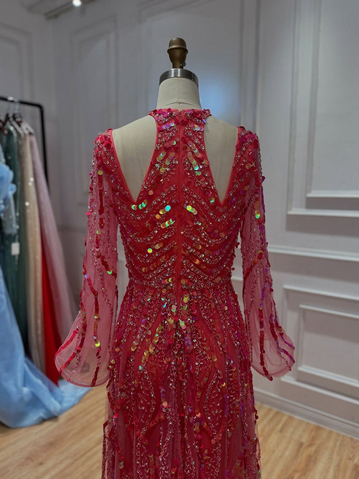 Watermelon Sequin Beaded Long Sleeve Evening Gown LA73805