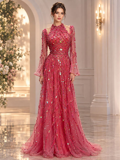 Watermelon Sequin Beaded Long Sleeve Evening Gown LA73805