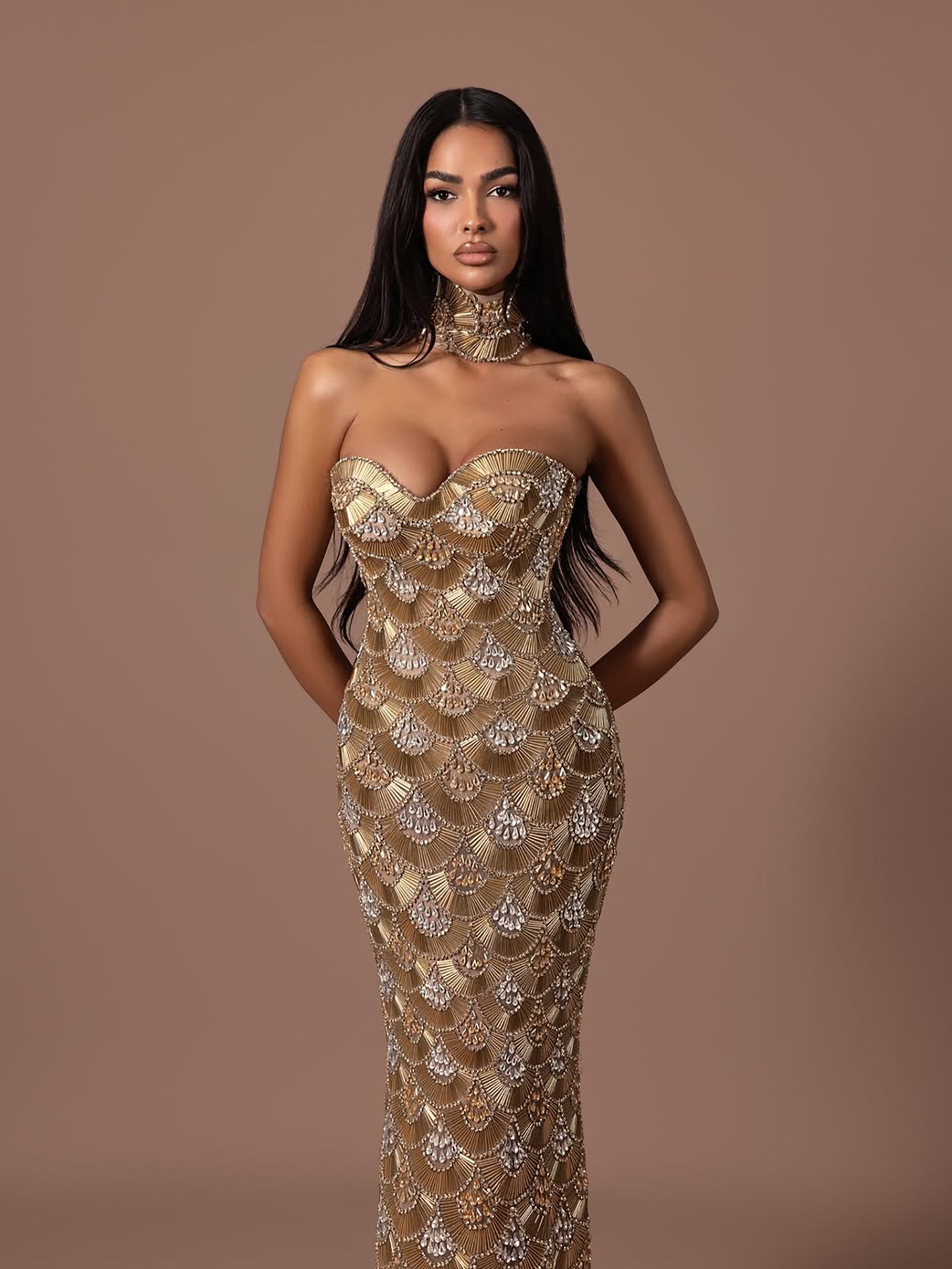 Luxury Gold Crystals Strapless Mermaid Gown with Choker LA73806