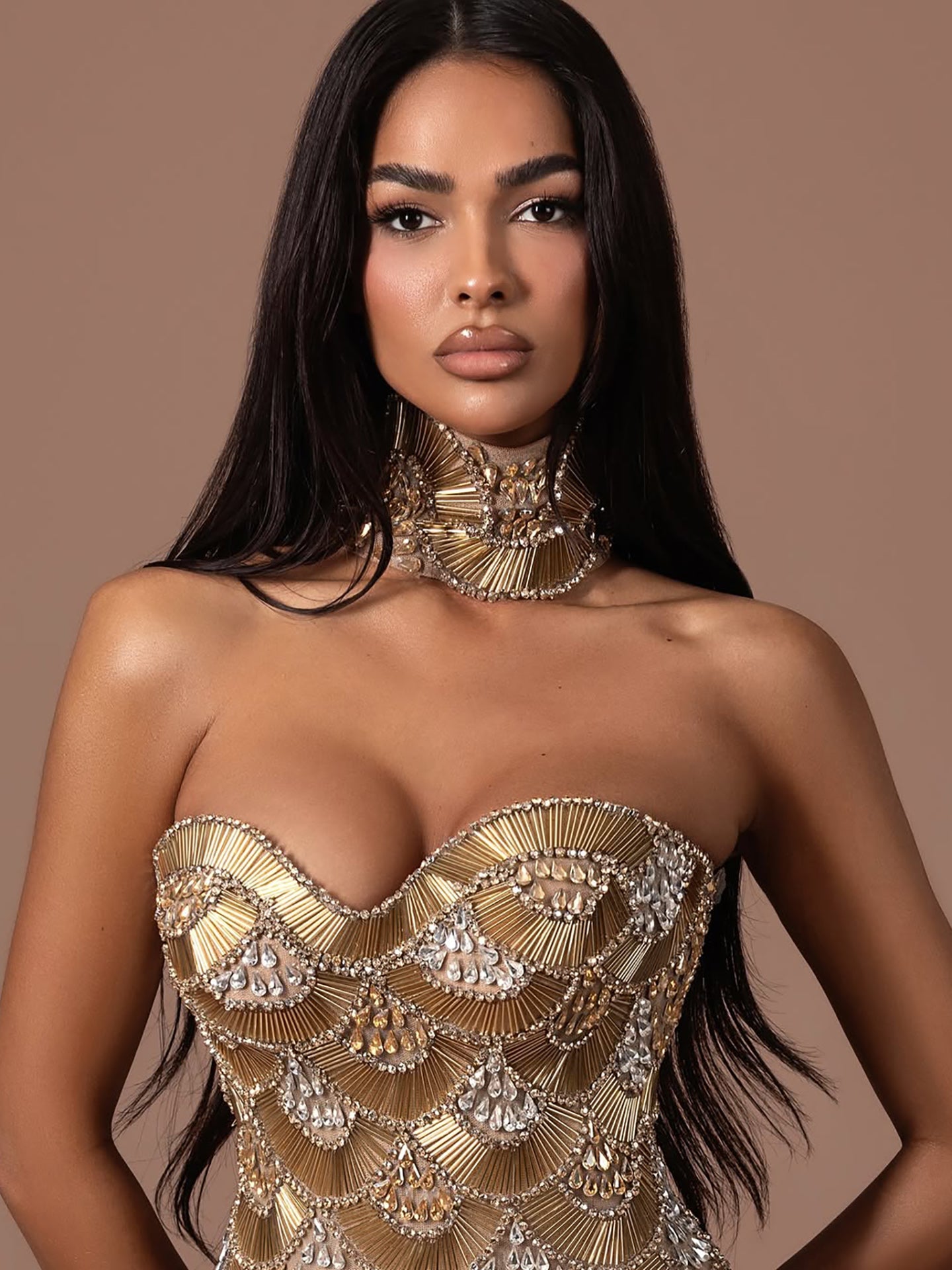 Luxury Gold Crystals Strapless Mermaid Gown with Choker LA73806