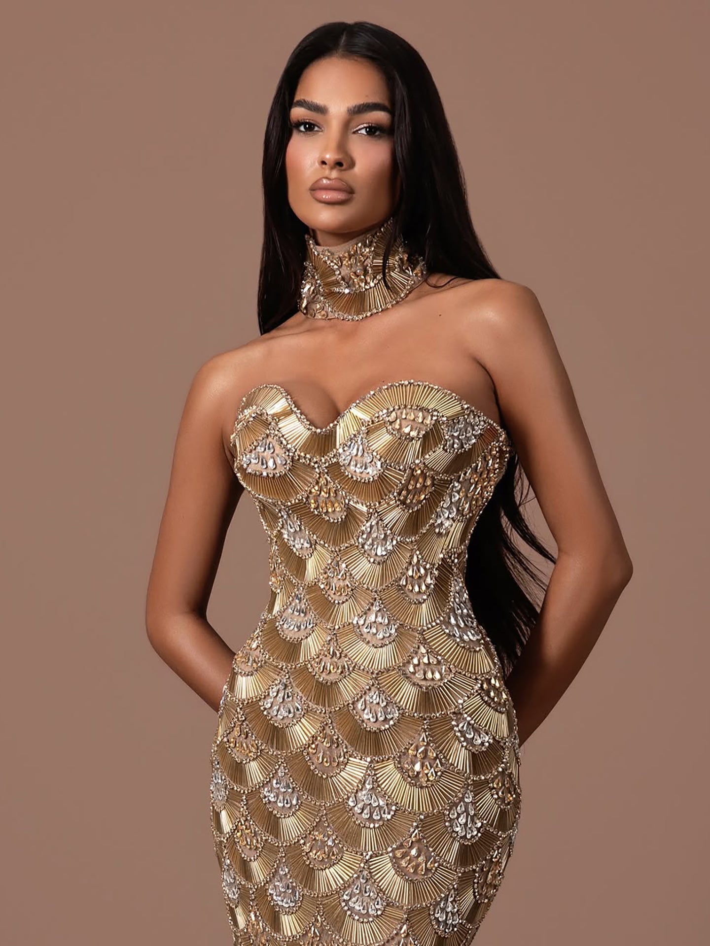 Luxury Gold Crystals Strapless Mermaid Gown with Choker LA73806