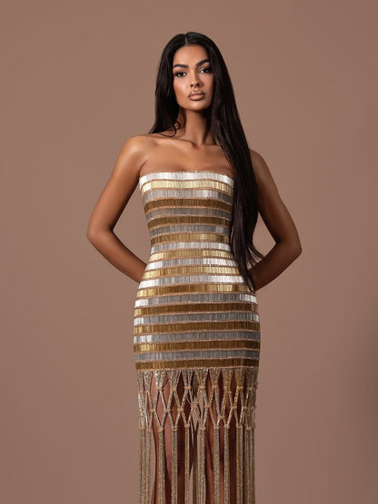 Luxury Gold Color Blocked Strapless Beaded Fringe Dress LA73807