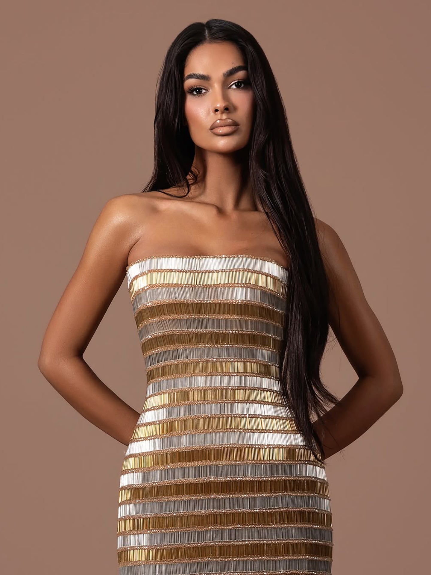 Luxury Gold Color Blocked Strapless Beaded Fringe Dress LA73807