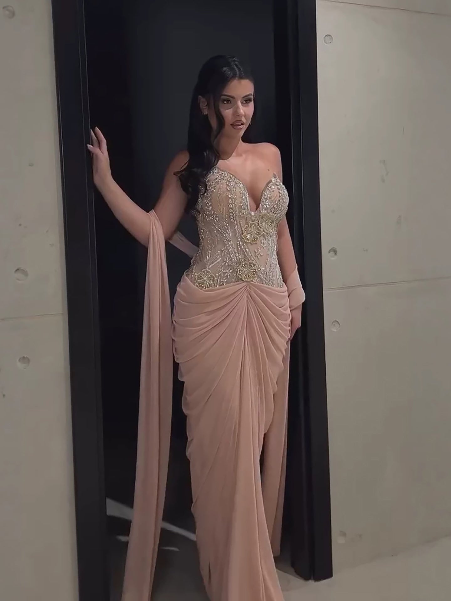 Luxury Nude Tie Back Corset Crystals Evening Gown with Streamer LA73808