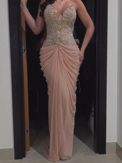 Luxury Nude Tie Back Corset Crystals Evening Gown with Streamer LA73808