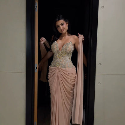 Luxury Nude Tie Back Corset Crystals Evening Gown with Streamer LA73808