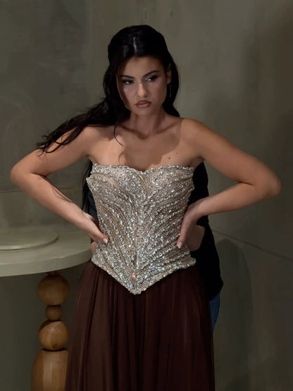 Luxury Brown Strapless Crystal Beaded Corset Evening Dress LA73809