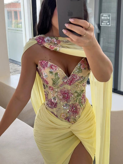 Luxury Yellow Floral Embroidered Corset Evening Gown with Cape LA73810