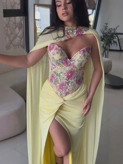 Luxury Yellow Floral Embroidered Corset Evening Gown with Cape LA73810