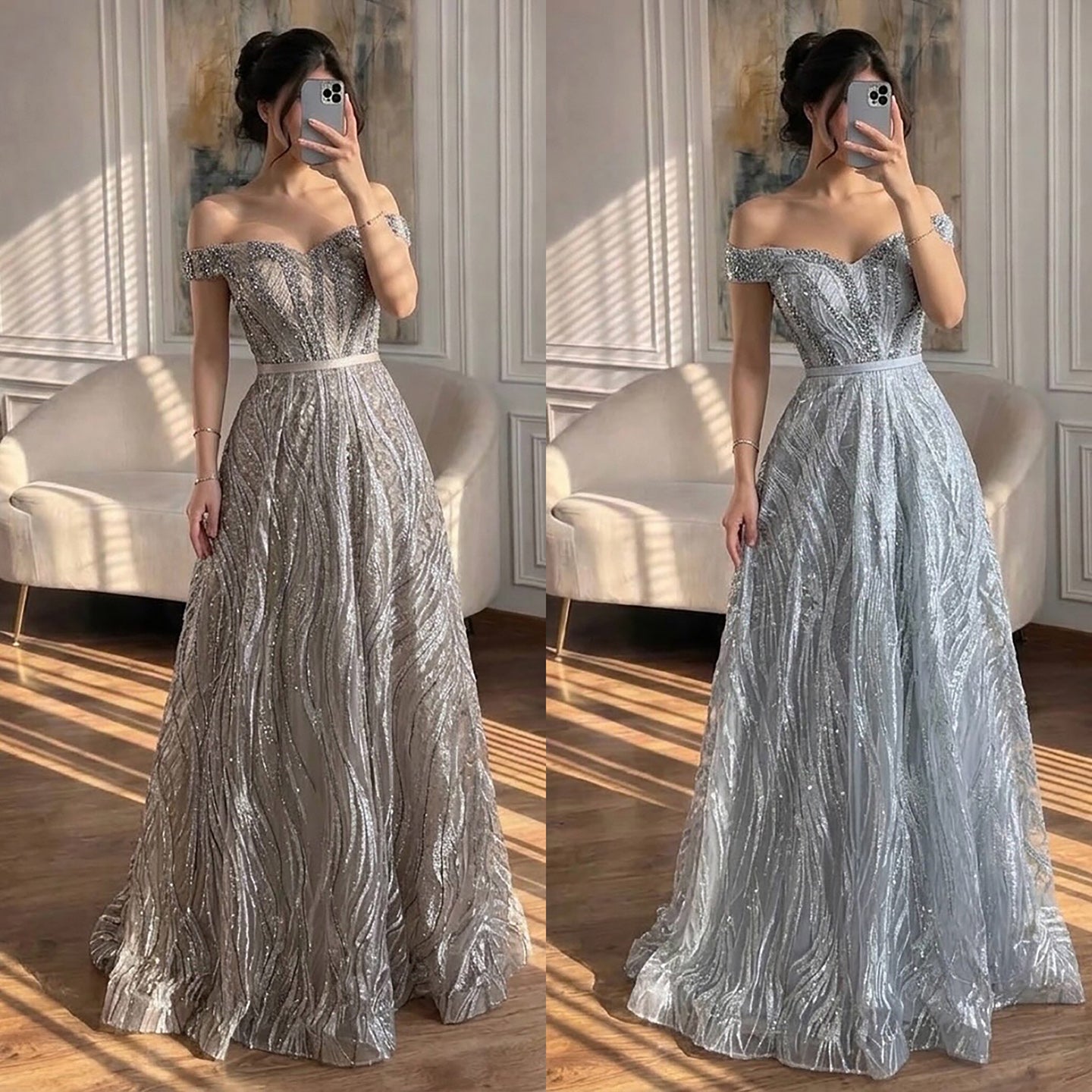 Luxury Caramel Off the Shoulder Beaded A Line Evening Dress LA73811