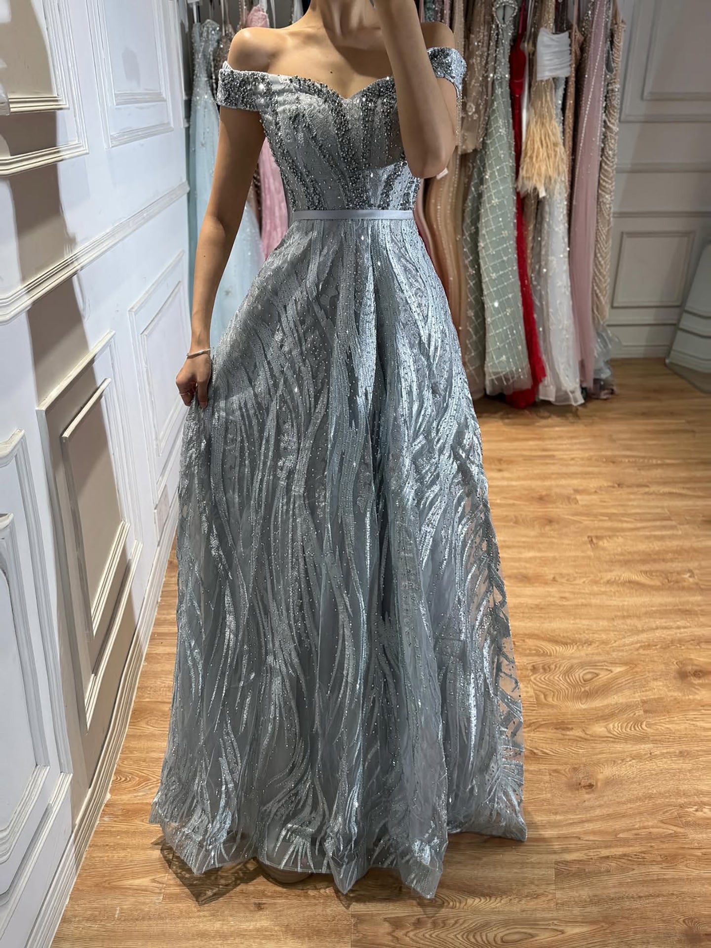 Luxury Caramel Off the Shoulder Beaded A Line Evening Dress LA73811
