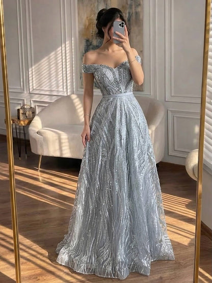 Luxury Caramel Off the Shoulder Beaded A Line Evening Dress LA73811