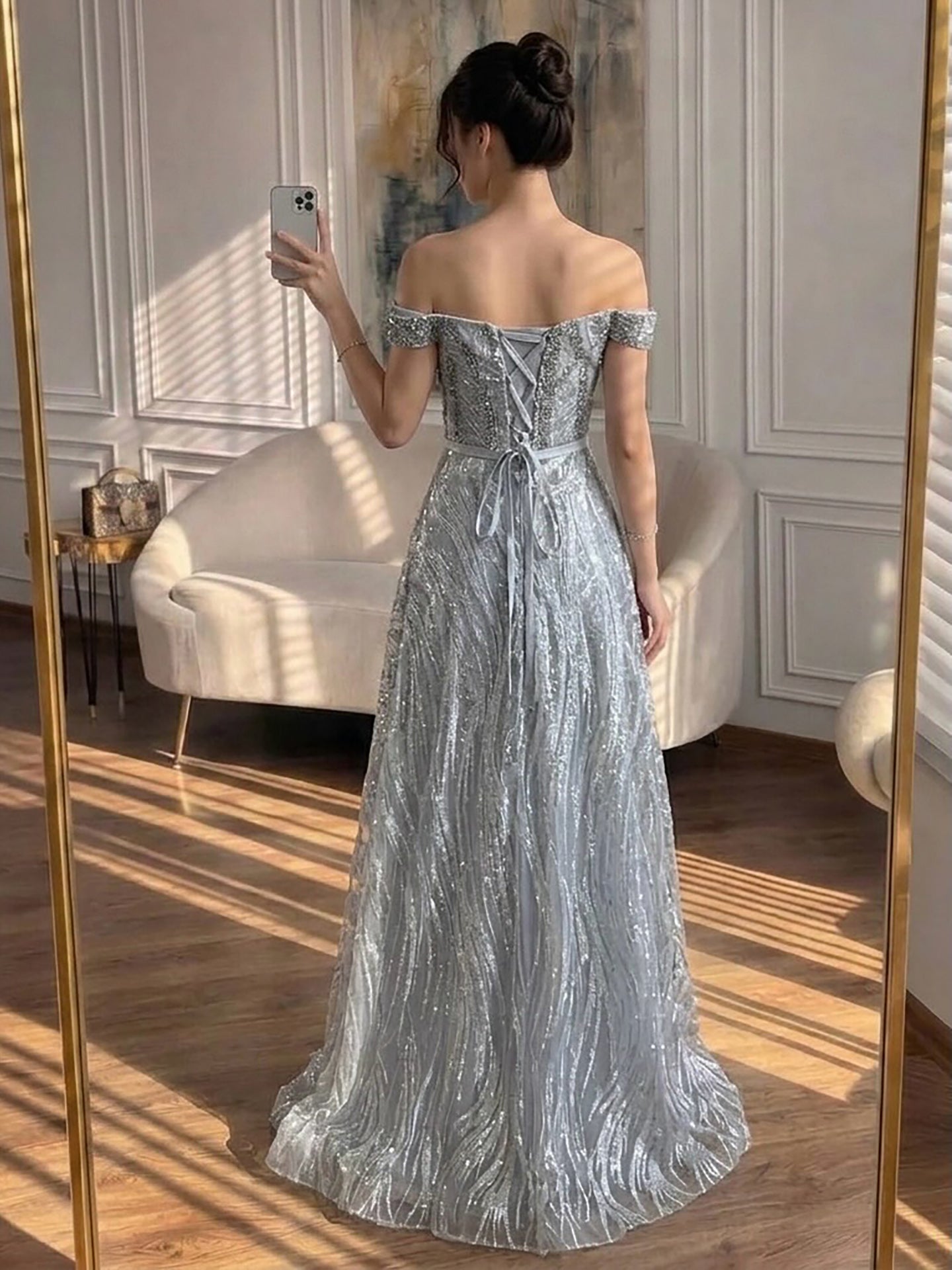Luxury Caramel Off the Shoulder Beaded A Line Evening Dress LA73811