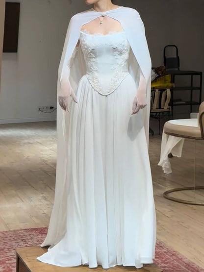 Luxury White Strapless Satin Corset Wedding Gown with Cape LA73813