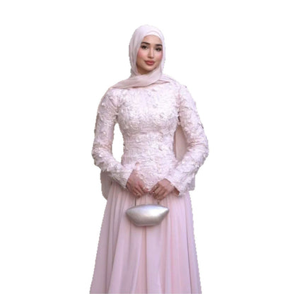 Luxury Pink High Neck 3D Floral Long Sleeve Muslim Wedding Dress LA73814