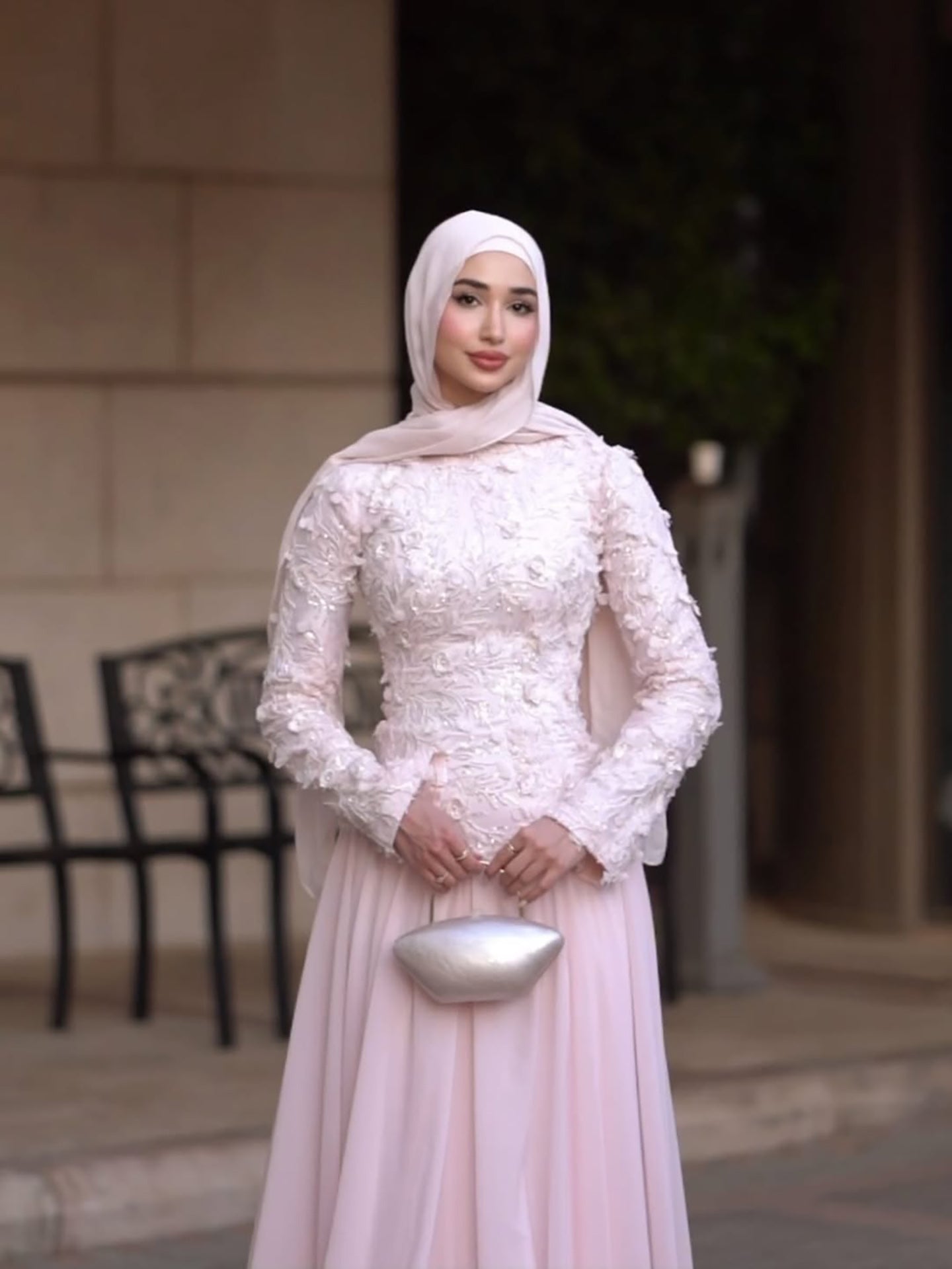 Luxury Pink High Neck 3D Floral Long Sleeve Muslim Wedding Dress LA73814