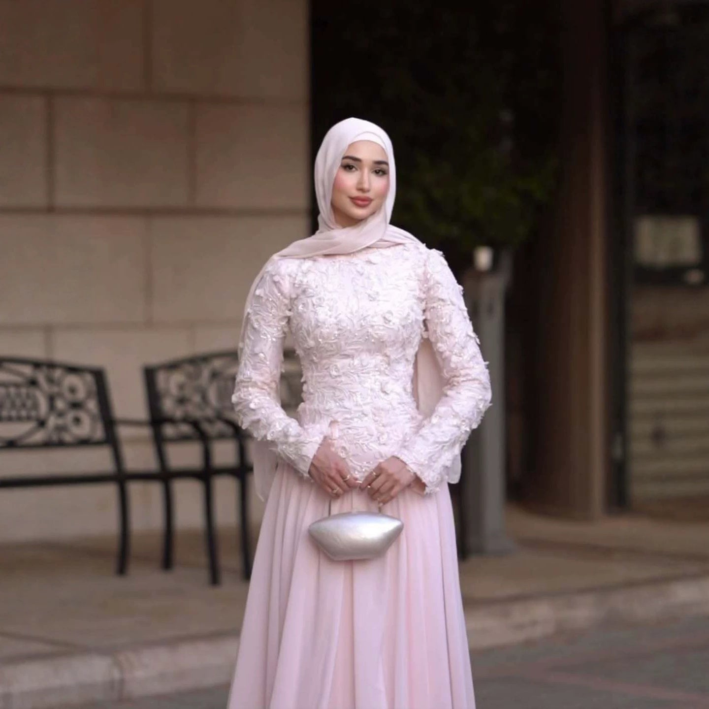 Luxury Pink High Neck 3D Floral Long Sleeve Muslim Wedding Dress LA73814