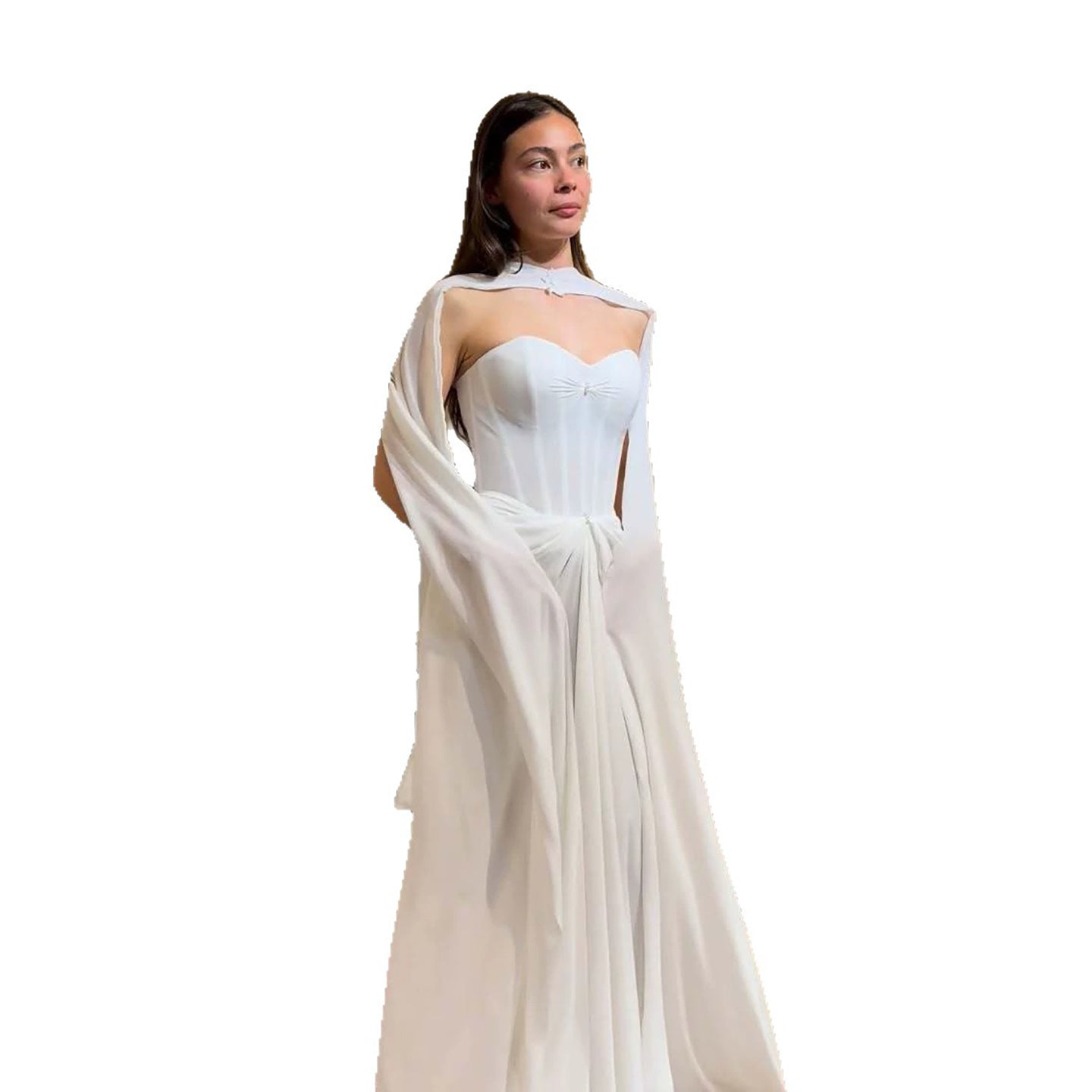 Luxury White Strapless Satin Corset Wedding Dress with Cape LA73815