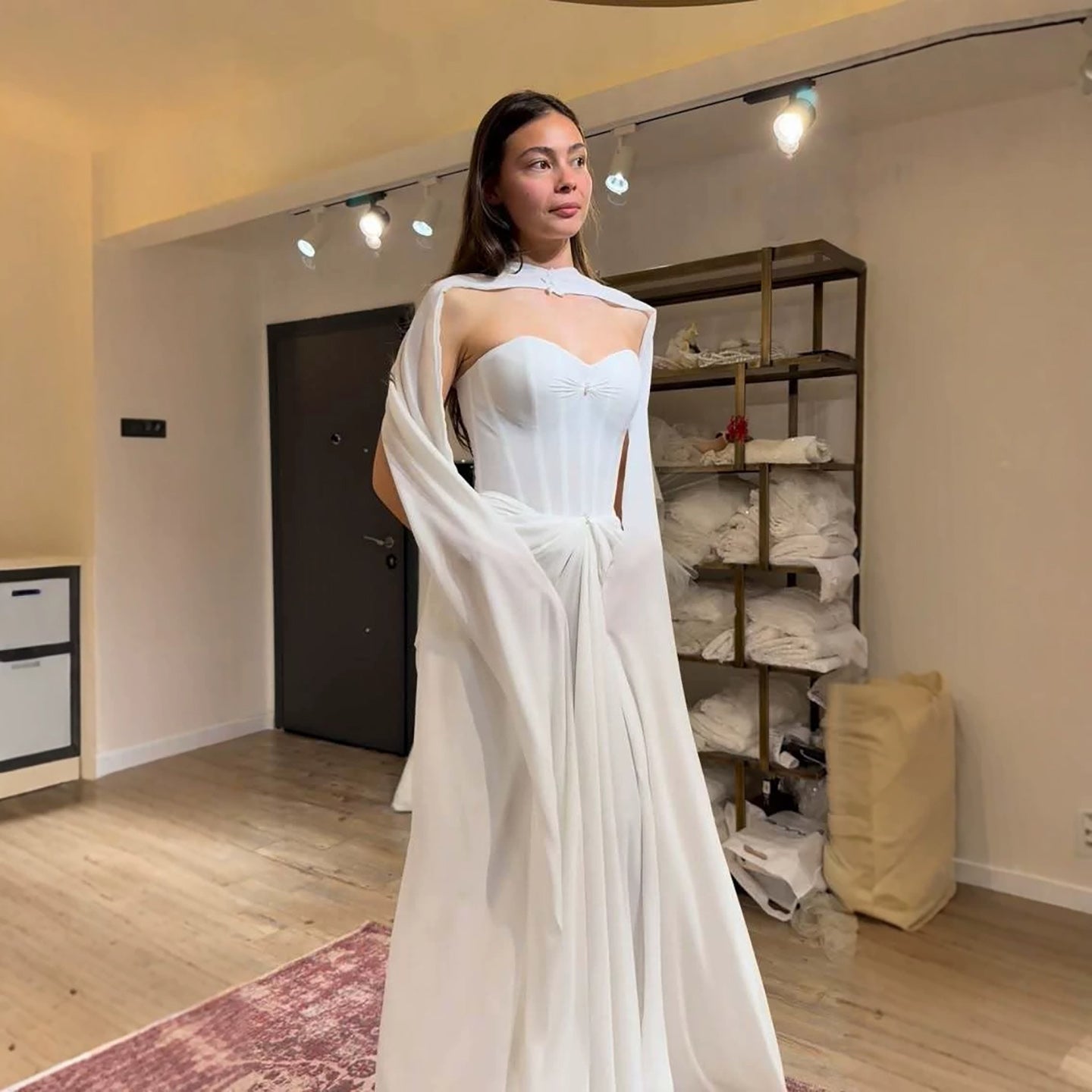 Luxury White Strapless Satin Corset Wedding Dress with Cape LA73815