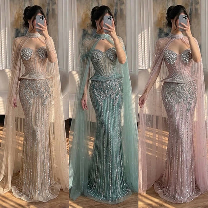 Luxury Nude Crystal Beaded Mermaid Gown with High Neck Cape LA73816