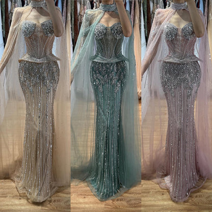 Luxury Nude Crystal Beaded Mermaid Gown with High Neck Cape LA73816