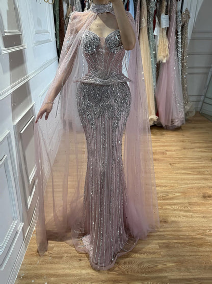 Luxury Nude Crystal Beaded Mermaid Gown with High Neck Cape LA73816