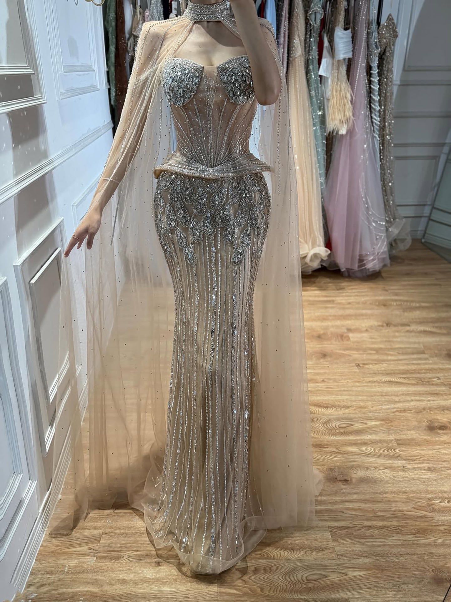 Luxury Nude Crystal Beaded Mermaid Gown with High Neck Cape LA73816