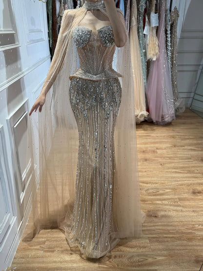 Luxury Nude Crystal Beaded Mermaid Gown with High Neck Cape LA73816