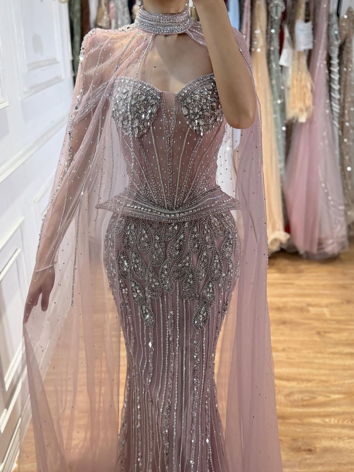 Luxury Nude Crystal Beaded Mermaid Gown with High Neck Cape LA73816