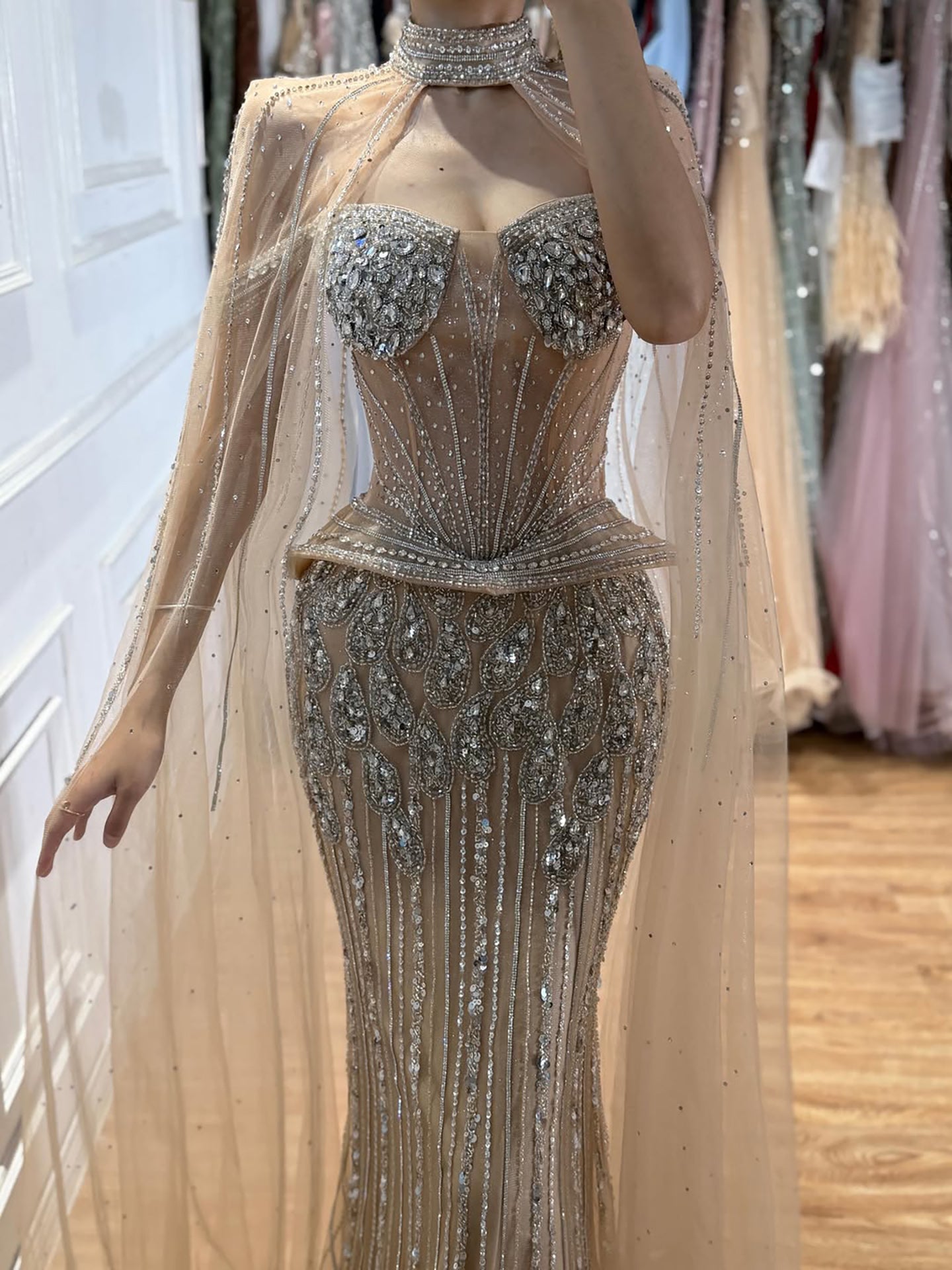 Luxury Nude Crystal Beaded Mermaid Gown with High Neck Cape LA73816