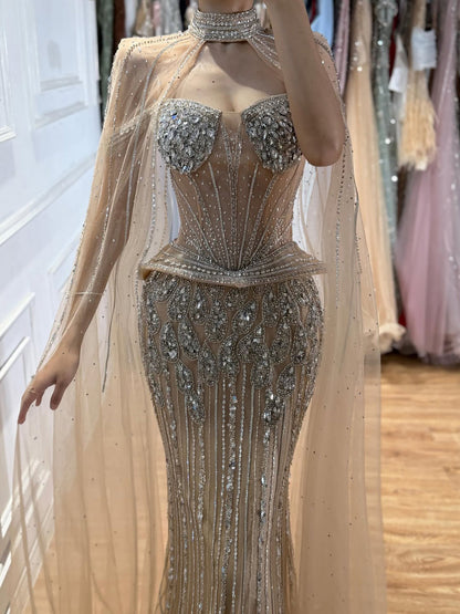 Luxury Nude Crystal Beaded Mermaid Gown with High Neck Cape LA73816