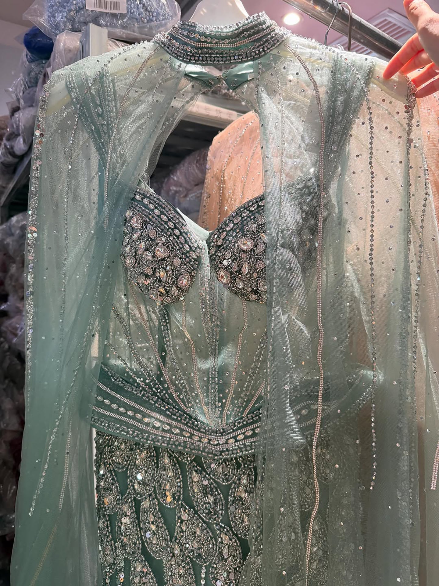 Luxury Nude Crystal Beaded Mermaid Gown with High Neck Cape LA73816