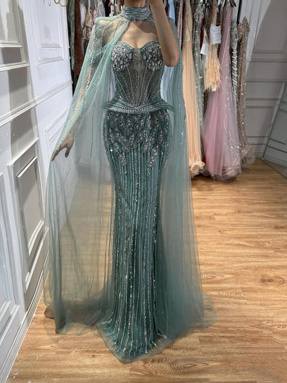Luxury Nude Crystal Beaded Mermaid Gown with High Neck Cape LA73816