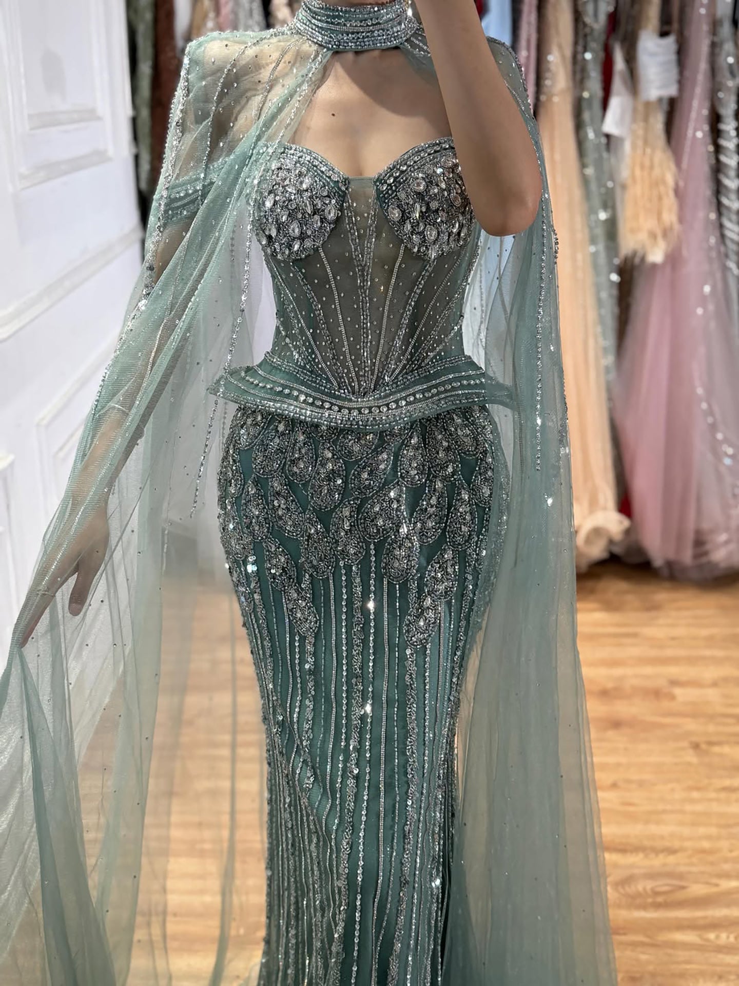 Luxury Nude Crystal Beaded Mermaid Gown with High Neck Cape LA73816