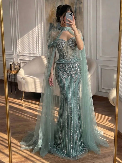 Luxury Nude Crystal Beaded Mermaid Gown with High Neck Cape LA73816